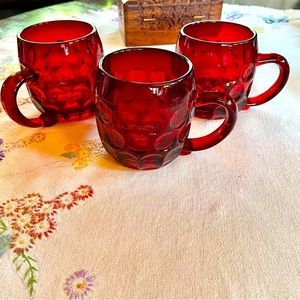 Vintage Ruby Red Mid-century Modern Glass Thumbprint Mugs. Set of 3. 8oz.